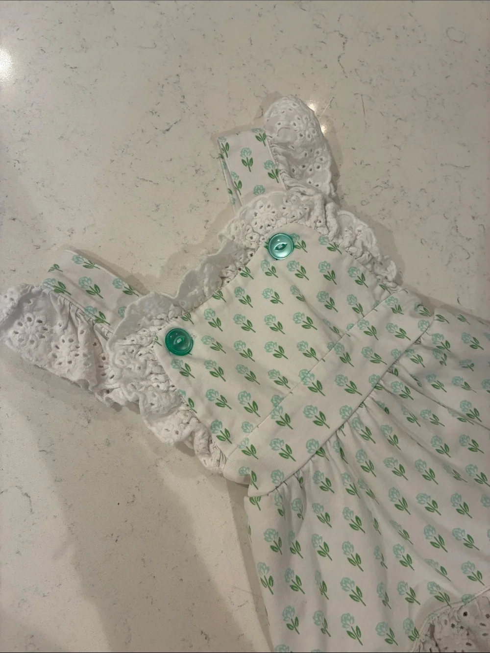White & Green Floral Lace-Trim Skirted Romper